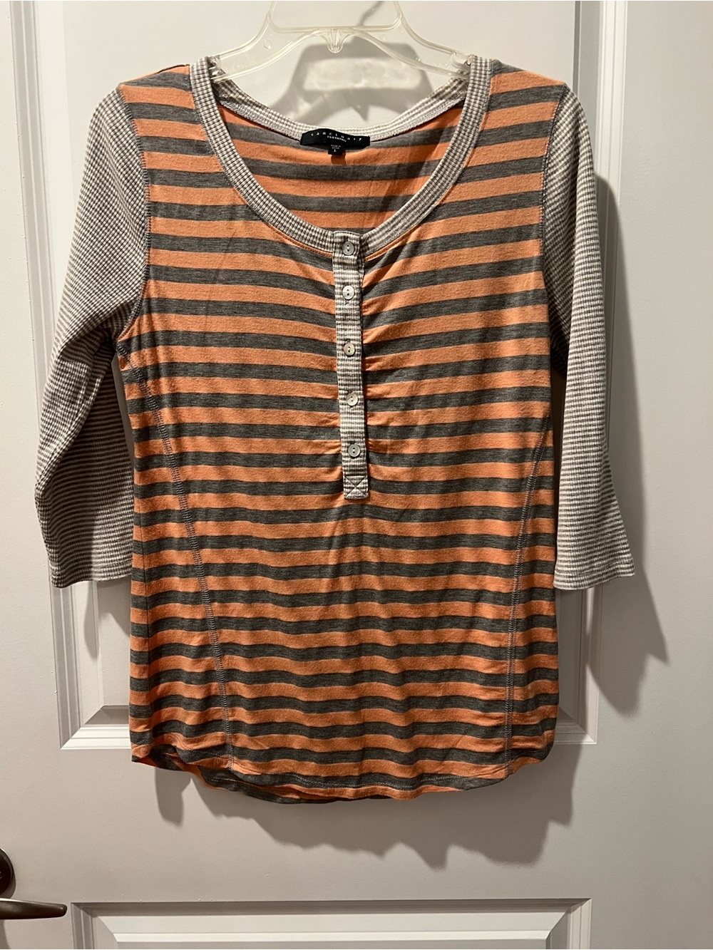 Sanctuary Striped Henley Tee in Coral and Gray